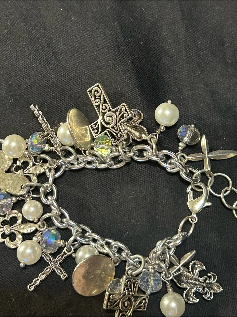 Silver loaded Charm Bracelet with Pearls and Iridescent Beads - Women's Jewelry